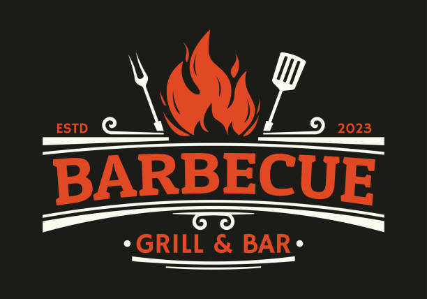 Barbecue logo. BBQ, Grill icon with fire, grill fork and spatula. Restaurant label or badge vintage design. Vector illustration.