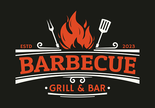 Barbecue logo. BBQ, Grill icon with fire, grill fork and spatula. Restaurant label or badge vintage design. Vector illustration.