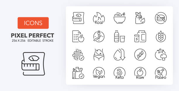 diets line icons 256 x 256 Diets and nutrition. Thin line icon set. Outline symbol collection. Editable vector stroke. 256x256 Pixel Perfect scalable to 128px, 64px... atkins diet stock illustrations