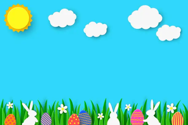 Vector illustration of Easter egg hunt background with rabbits and coloured eggs hidden in the grass. Paper cut style. Vector illustration