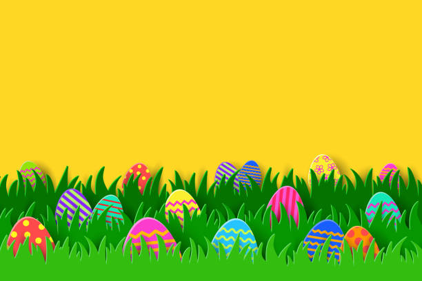 bunte ostereier versteckt im gras. hintergrund im papierschnittstil. vektorillustration - craft eggs easter animal egg stock-grafiken, -clipart, -cartoons und -symbole