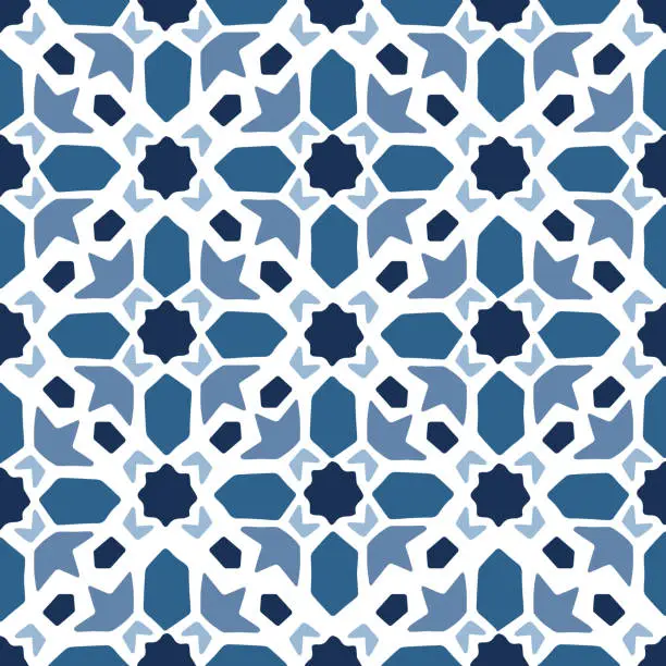 Vector illustration of Arabic geometric stars, ornaments. Hand drawn blue seamless pattern for Ramadan Kareem greeting cards. Islamic backgrounds, fabric, web banner. Portuguese azulejo tile. Decorative Moroccan vector.