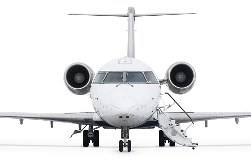 Front view of the business jet with an opened gangway isolated on white background