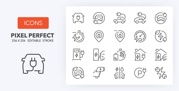 electric car line icons 256 x 256 Electric car. Thin line icon set. Outline symbol collection. Editable vector stroke. 256x256 Pixel Perfect scalable to 128px, 64px... ev charging stock illustrations