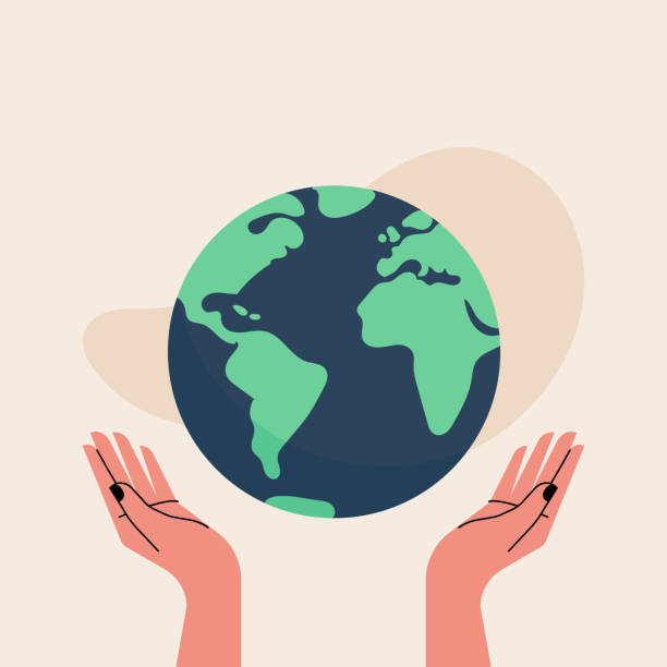 illustrazioni stock, clip art, cartoni animati e icone di tendenza di mani in alto tiene il globo mondiale. concetto di sostenibilità, earth day, cambiamenti climatici. illustrazione vettoriale, design piatto - pianeta terra