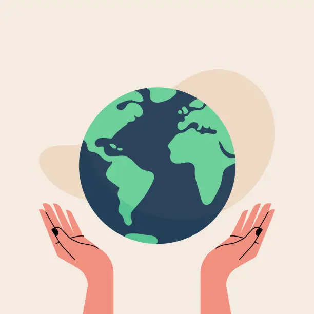 Vector illustration of Hands up holds world globe. Concept of sustainability, Earth Day, climate change. Vector illustration, flat design