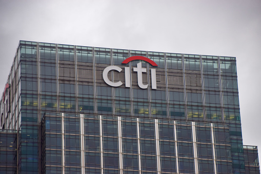 London, UK - November 17 2022: Citibank headquarters in Canary Wharf.