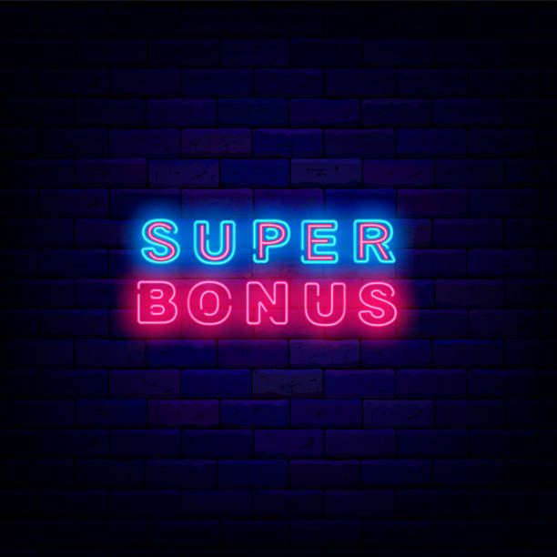 Super bonus neon sign on brick wall. Casino and lottery label. Glowing logo. Special offer concept. Vector illustration Super bonus neon sign on brick wall. Casino and lottery label. Glowing logo. Special offer concept. Congrats emblem. Winner and bingo concept. Vector stock illustration monday night stock illustrations