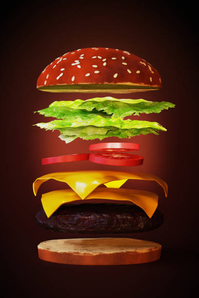 istock Realistic food. Burger with floating ingredients. 3D render 1471694485