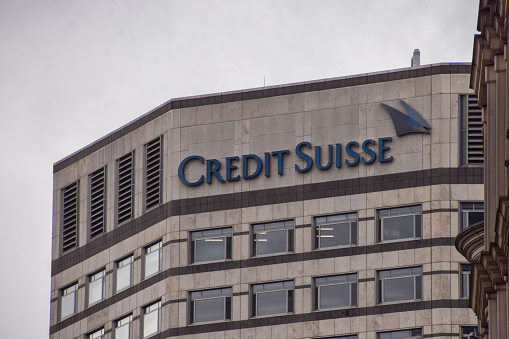 London, UK - November 17 2022: Credit Suisse headquarters in Canary Wharf.