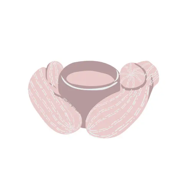 Vector illustration of Gloved hands holding a mug with coffee vector illustration.