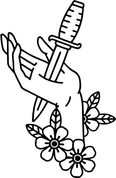 Vector illustration of tattoo in black line style of a dagger in the hand