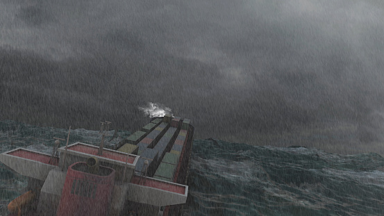 3d rendering, Cargo ship with containers swing in stormy ocean at night