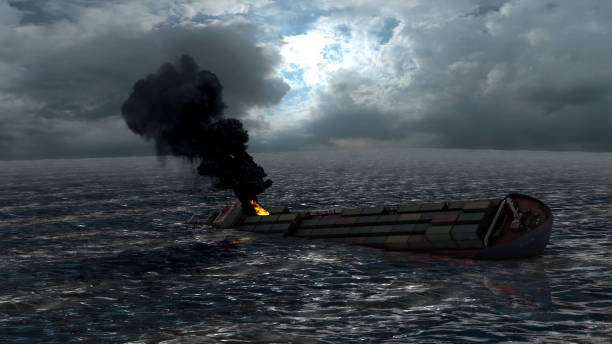 istock Cargo ship burning and sinking in the ocean 1471696019