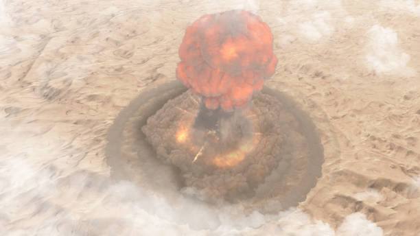 3d rendering, huge nuclear bomb explosion with a mushroom cloud over desert, weapon of mass destruction tested over desert non populated area