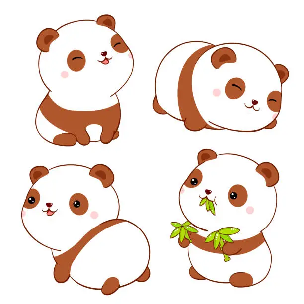 Vector illustration of Set of cute fat pandas kawaii style. Collection of lovely baby  panda in different poses. Can be used for t-shirt print, stickers, greeting card design