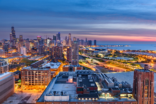 Chicago, Illinois, USA downtown city skyline from the south side at twilight.