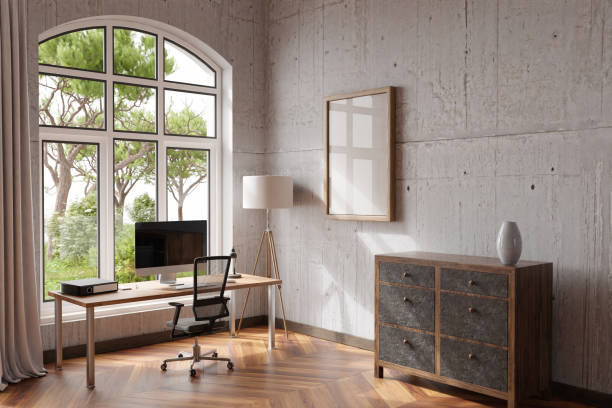 istock comfortable workplace with pc standing on wooden desk in office at home; bright sunlight shines from side through large window; wall; with canvas copy space;  remote work freelance concept; 3D Illustration 1471696884