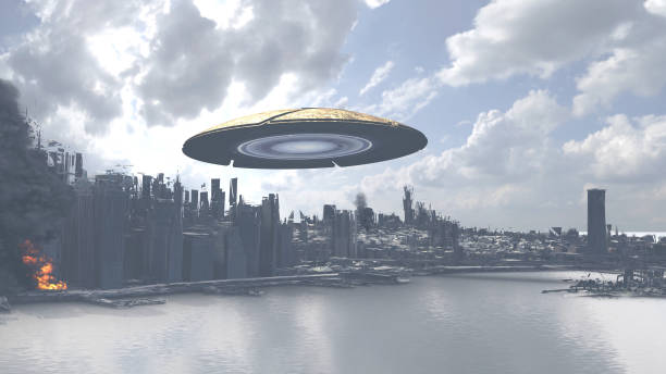 istock Large alien Ufo flying over Destroyed New York Manhattan 1471697087