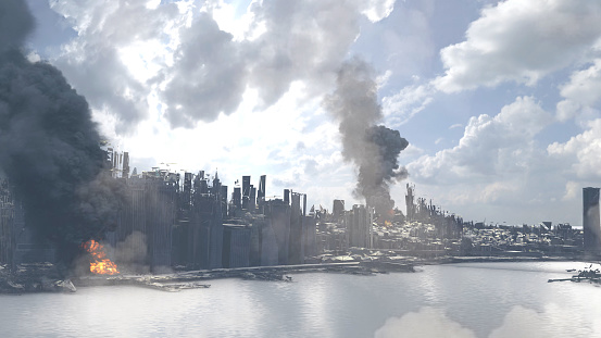 3d rendering, New York Manhattan city Destroyed after massive war, 2023, Aerial