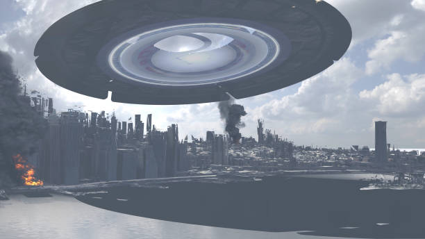 istock Large alien Ufo flying over Destroyed New York Manhattan 1471697584