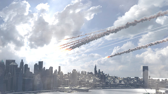 3d rendering, Burning Asteroids or Rockets Above New York city,Aerial

Cinematic view of New york city with meteors above