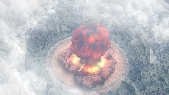 3d rendering, Nuclear explosion with large shockwave on green wide landscape, 
nuclear war or World War III,
