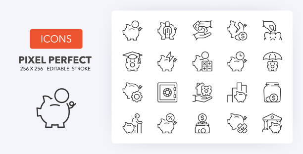 savings line icons 256 x 256 Savings and financial concepts. Thin line icon set. Outline symbol collection. Editable vector stroke. 256x256 Pixel Perfect scalable to 128px, 64px... retirement planning advisor stock illustrations