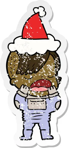 Vector illustration of hand drawn distressed sticker cartoon of a cool hipster girl in space suit wearing santa hat