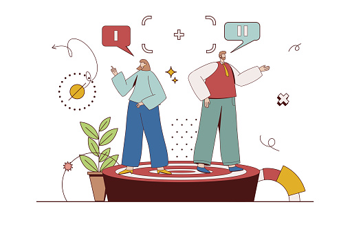 Focus group concept with character situation in flat design. Woman and man are surveyed questionnaire for marketing research data and customer behavior. Vector illustration with people scene for web