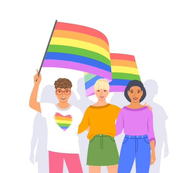 ilustraciones, imágenes clip art, dibujos animados e iconos de stock de desfile del orgullo lgbt de personas homosexuales con bandera arcoíris - light waving rainbow vector