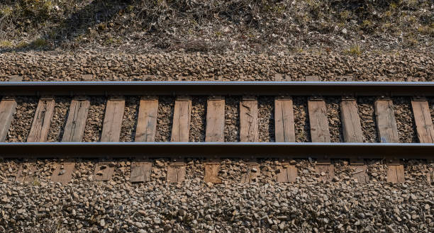 Railway rails close up. Railway metal rail background.