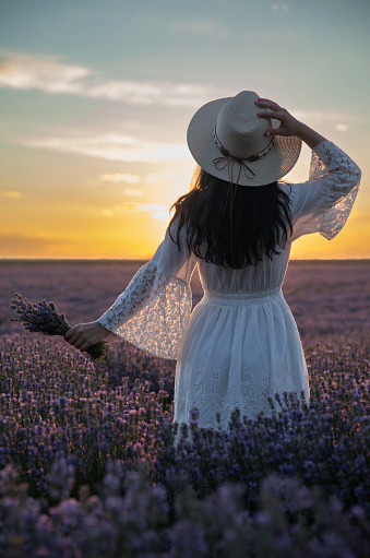 Beautiful young woman admiring the lavender flowers at sunset.