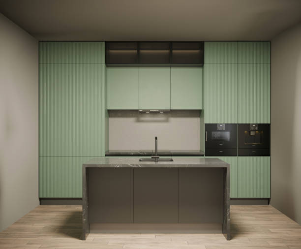 istock 3d rendering of new Pistachio green kitchen interior design with marble surface 1471703980