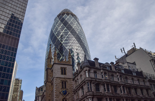 View of The Gherkin skyscraper in the City Of London UK