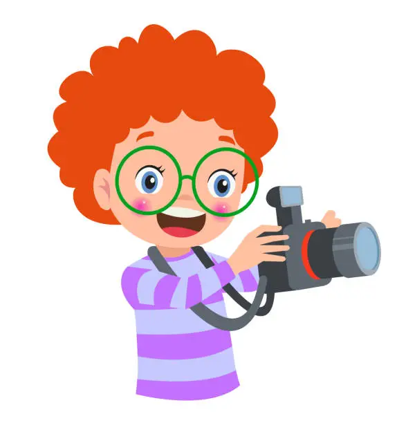 Vector illustration of Cute boys taking photo using smartphone and camera cartoon vector illustration