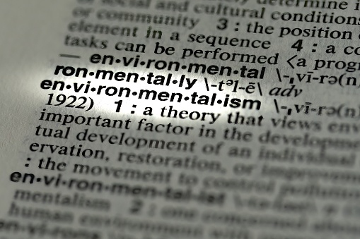 the word environmentalism printed and defined on page in dictionary