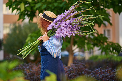 red haired woman in blue shirt and hat holding bouquet of purple gladioluses outdoor, summer concept. No face seen. High quality photo