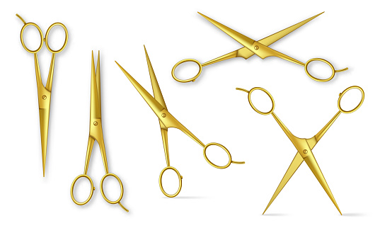 Realistic gold metal scissors. Closed and open stationery or hair salon golden scissor, barber tools top view isolated vector illustration set. Shiny equipment for hairdresser or tailor