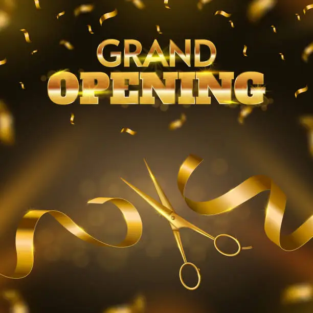 Vector illustration of Grand opening ribbon cutting ceremony. Golden scissors cut ribbon, launching of new business luxury celebration event vector banner illustration