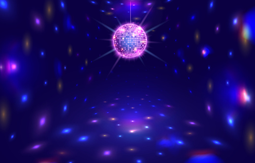 Disco ball rays. Dance floor room with mirror ball reflections, night club stage lights and party vector background illustration. Glowing reflecting ball for entertainment, sparkling effect