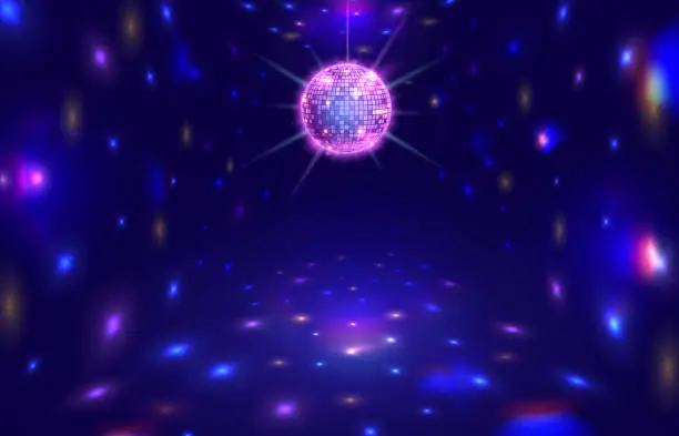 Vector illustration of 2302.m01.i006.n019.S.c15.140856106 Disco ball rays. Dance floor room with mirror ball reflections, night club stage lights and party vector background illustration
