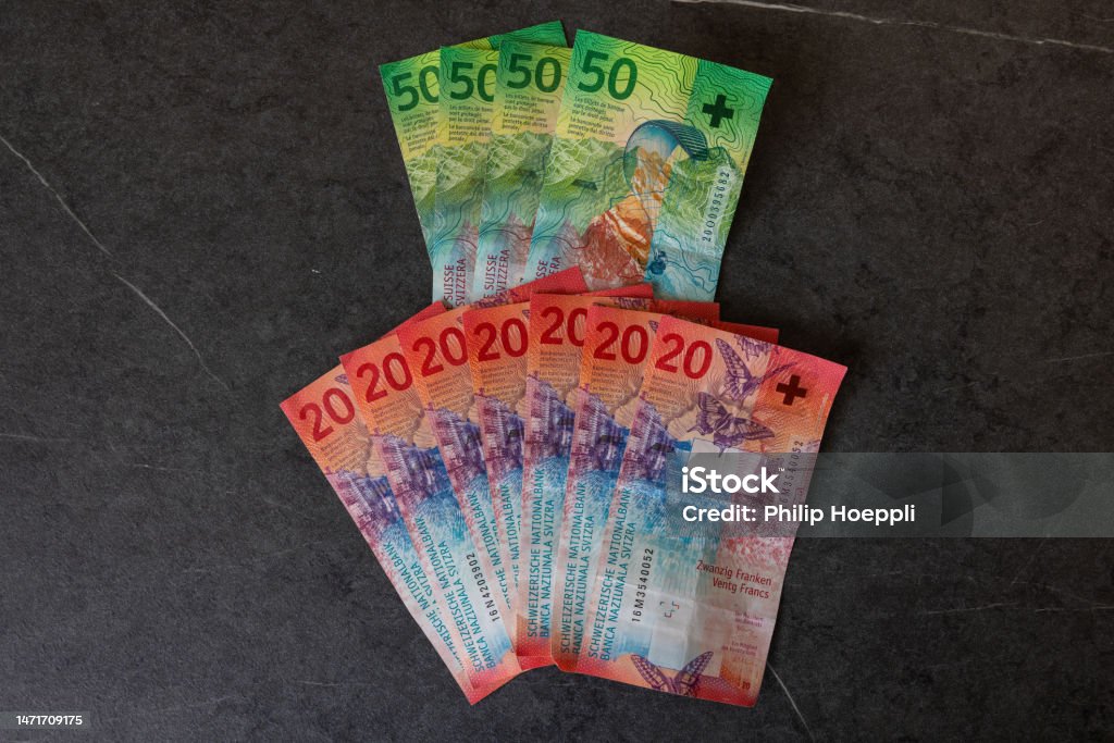 All Swiss Notes Several Different Swiss Banknotes Nicely Sorted On A Gray Table With ...