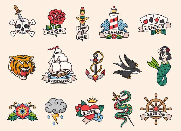 Sailor tattoo designs. Old school tattooing style, american traditional color tattoos with bold black outlines. Hand drawn vector illustration set Sailor tattoo designs. Old school tattooing style, american traditional color tattoos with bold black outlines. Hand drawn vector illustration set. Colorful stickers as mermaid, rose and lighthouse us sailor stock illustrations