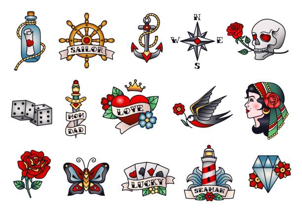 old school tattoos. amerikanische oder westliche traditionelle tattoo-designs, seemann tattoo stil vektor illustration set - tätowierung stock-grafiken, -clipart, -cartoons und -symbole