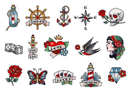 Old school tattoos. American or western traditional tattoo designs, sailor tattooing style vector Illustration set. Bottle with love letter, playing cards for luck, nautical anchor, romantic elements