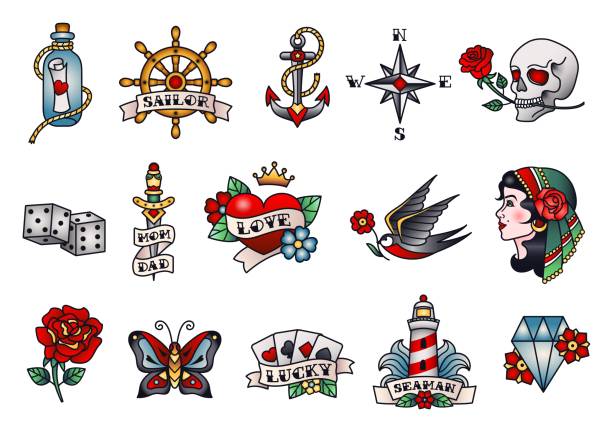 Old school tattoos. American or western traditional tattoo designs, sailor tattooing style vector Illustration set Old school tattoos. American or western traditional tattoo designs, sailor tattooing style vector Illustration set. Bottle with love letter, playing cards for luck, nautical anchor, romantic elements nautical tattoos stock illustrations