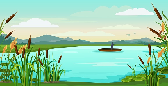 Cartoon lake landscape. Fisherman fishing in boat on pond with reeds, catching fish. Nature vector background illustration. Man having outdoor leisure activity, hobby. Character in wildlife