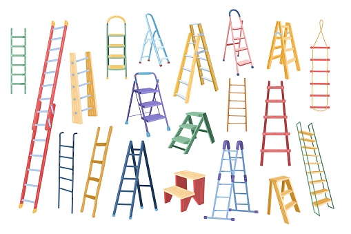 Cartoon ladder. Different types of stepladders, tall ladders for scaling new height isolated vector illustration set. Equipment for interior renovation, construction. Household objects