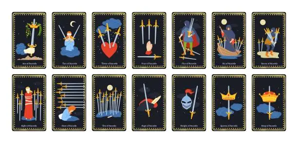 Vector illustration of Minor arcana swords tarot cards. Occult king, queen, knight, page and ace of swords esoteric card deck for prediction vector illustrations